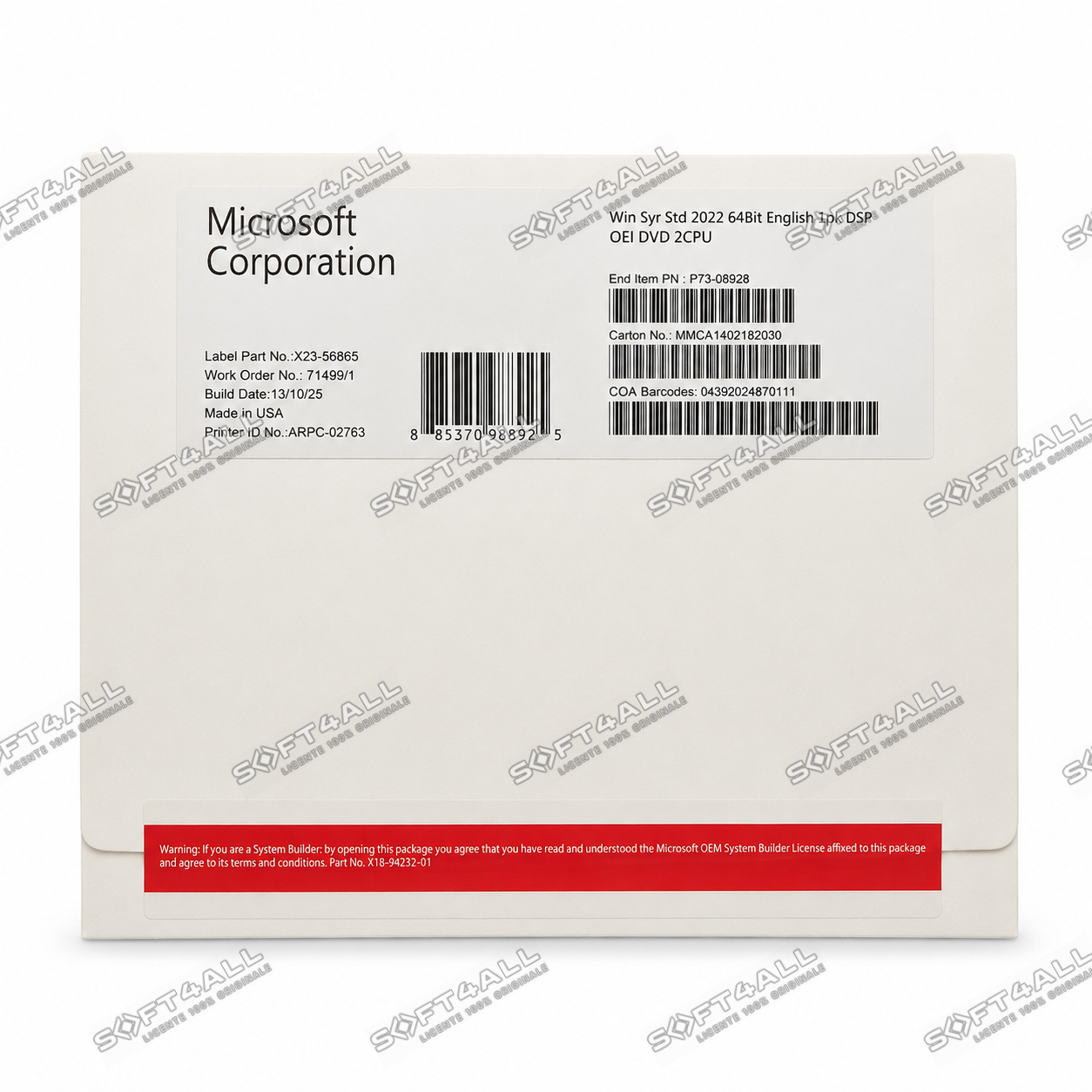 MICROSOFT Windows Server Standard 2022, 2CPU, 64 bit, Engleza, OEM