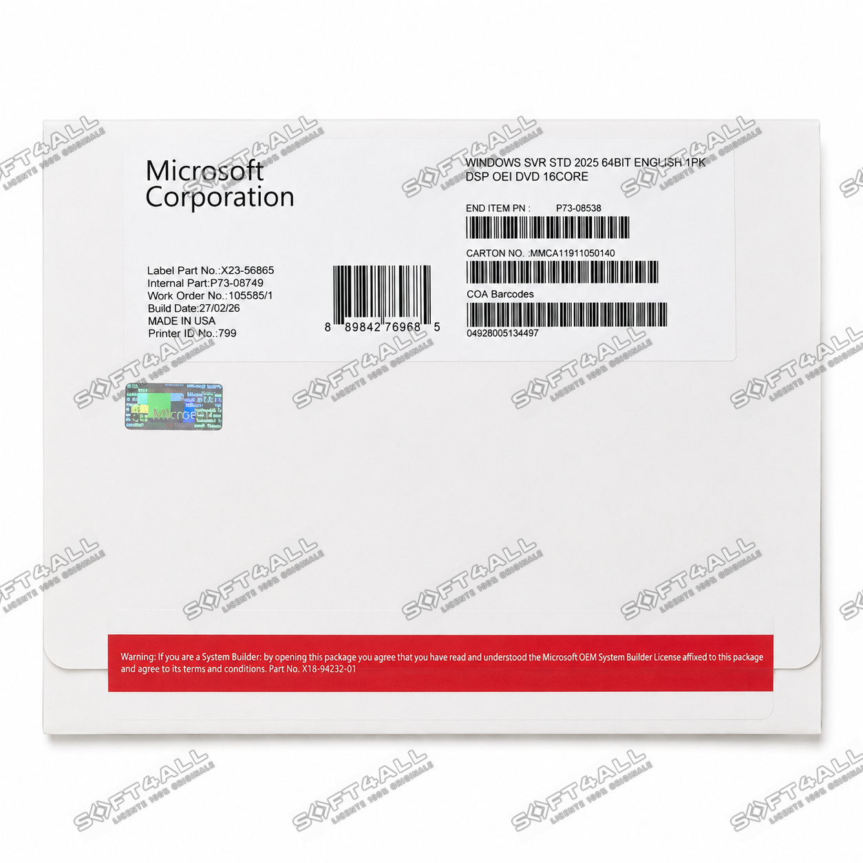 MICROSOFT Windows Server Standard 2025, 16 Cores, 64 bit, Engleza, OEM