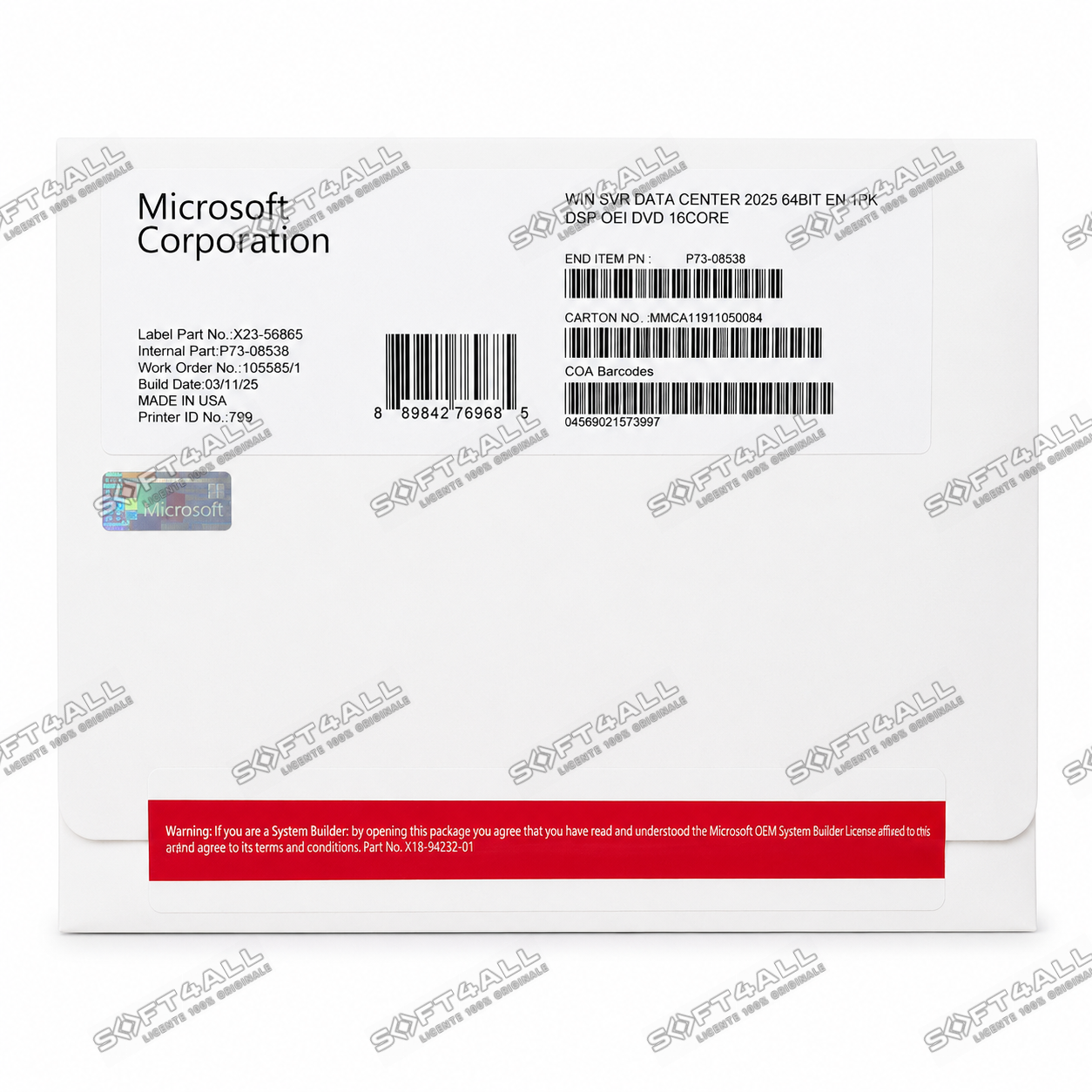 MICROSOFT Windows Server Datacenter 2025, 16 Cores, 64 bit, Engleza, OEM