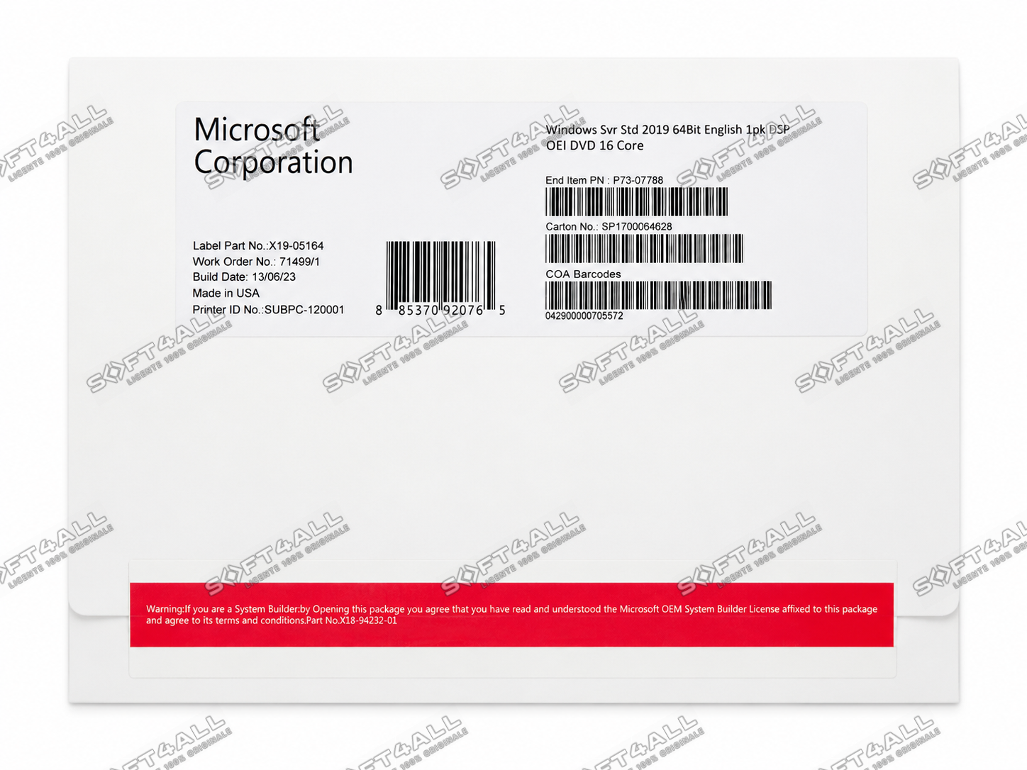 MICROSOFT Windows Server Standard 2019, 16 Cores, 64 bit, Engleza, OEM