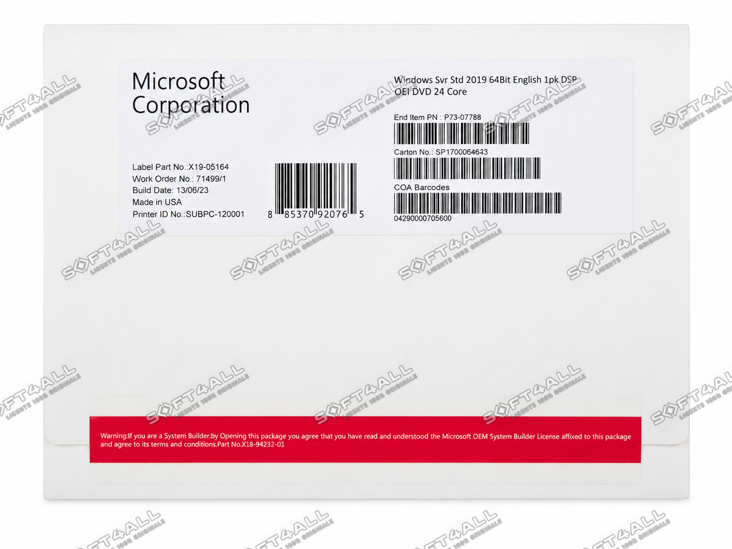 MICROSOFT Windows Server Standard 2019, 24 Cores, 64 bit, Engleza, OEM